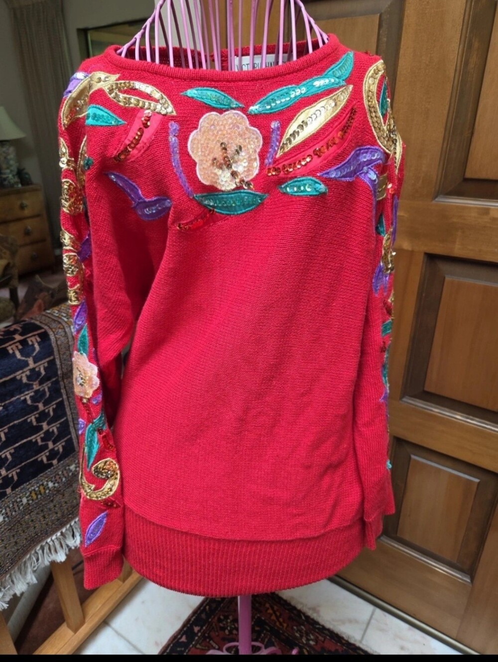 Victoria Harbour Red Sequin Embellished Rami Cotton Vintage Festive Sweater